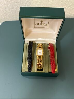 Gucci Gold Link Women's Watch with Black and Red Straps